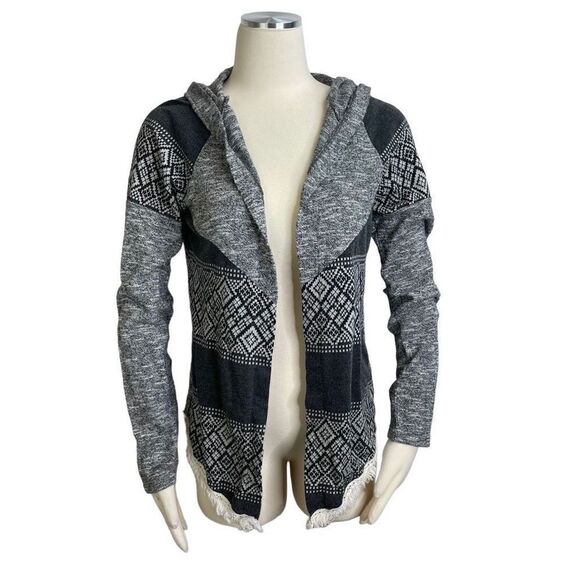 Maurices Women's Gray Black Long Sleeve Knit Hooded Aztec Print Cardigan Size S - Picture 1 of 7